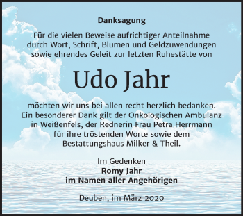 Traueranzeige von Udo Jahr von Mitteldeutsche Zeitung Weißenfels