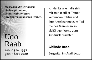 Traueranzeige von Udo Raab von Mitteldeutsche Zeitung Wittenberg