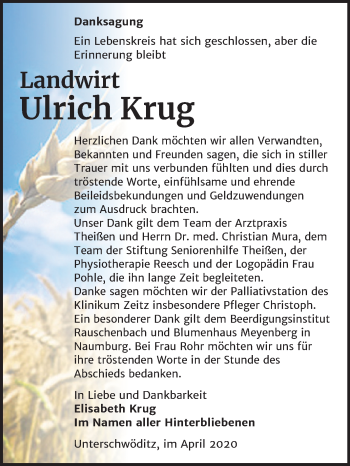 Traueranzeige von Ulrich Krug von Super Sonntag Naumburg/Nebra