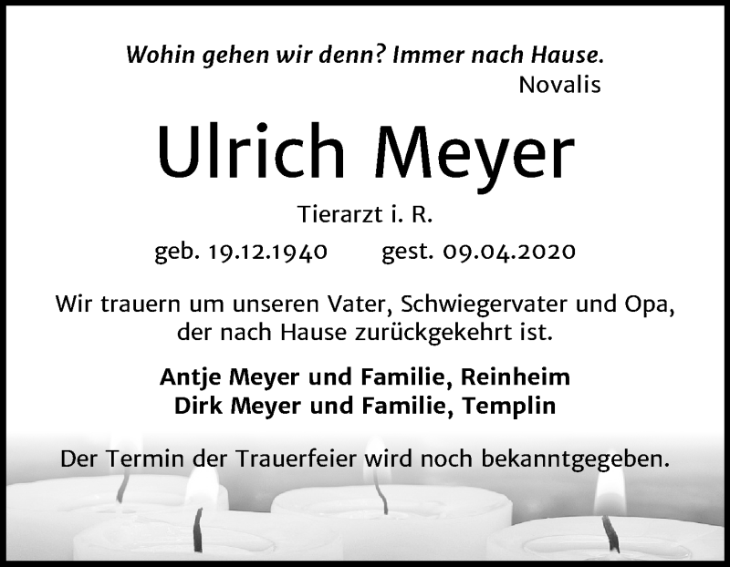  Traueranzeige für Ulrich Meyer vom 18.04.2020 aus Super Sonntag Wittenberg