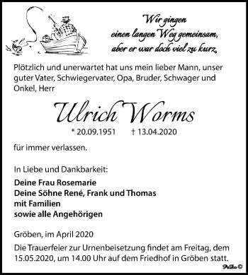 Traueranzeige von Ulrich Worms von Mitteldeutsche Zeitung Weißenfels