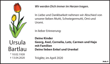 Traueranzeige von Ursula Bartlau von Mitteldeutsche Zeitung Zeitz