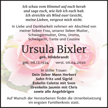 Traueranzeige von Ursula Bixler von Mitteldeutsche Zeitung Weißenfels