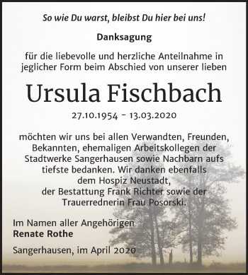 Traueranzeige von Ursula Fischbach von Mitteldeutsche Zeitung Sangerhausen