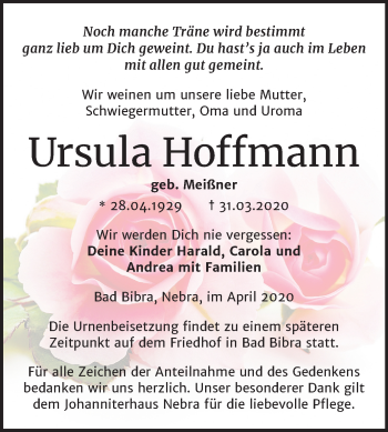 Traueranzeige von Ursula Hoffmann von Mitteldeutsche Zeitung Naumburg/Nebra