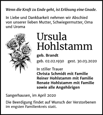 Traueranzeige von Ursula Hohlstamm von Mitteldeutsche Zeitung Sangerhausen