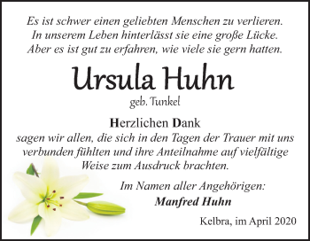 Traueranzeige von Ursula Huhn von Super Sonntag Sangerhausen