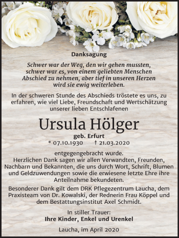 Traueranzeige von Ursula Hölger von Mitteldeutsche Zeitung Naumburg/Nebra