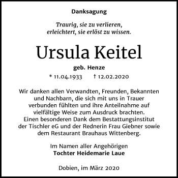 Traueranzeige von Ursula Keitel von Super Sonntag Wittenberg