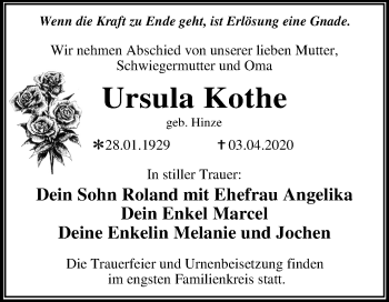 Traueranzeige von Ursula Kothe von Super Sonntag Wittenberg