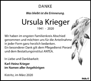 Traueranzeige von Ursula Krieger von Mitteldeutsche Zeitung Weißenfels