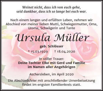 Traueranzeige von Ursula Müller von Super Sonntag Aschersleben