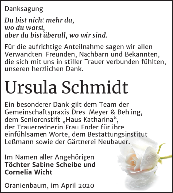 Traueranzeige von Ursula Schmidt von Super Sonntag Wittenberg