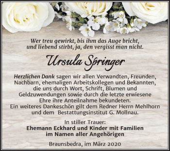 Traueranzeige von Ursula Springer von Mitteldeutsche Zeitung Merseburg/Querfurt