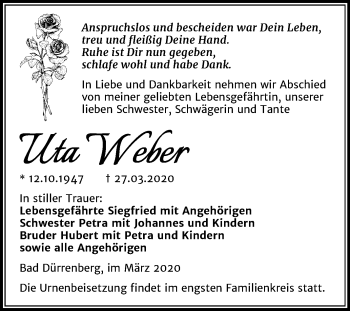 Traueranzeige von Uta Weber von Super Sonntag Merseburg/Querfurt
