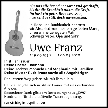 Traueranzeige von Uwe Franz von Mitteldeutsche Zeitung Quedlinburg