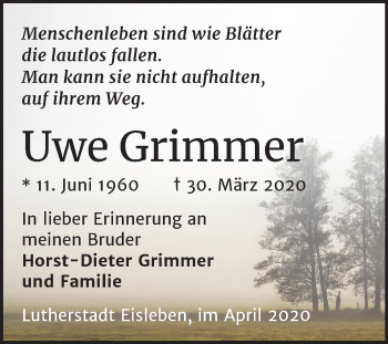 Traueranzeige von Uwe Grimmer von Super Sonntag Mansfelder Land