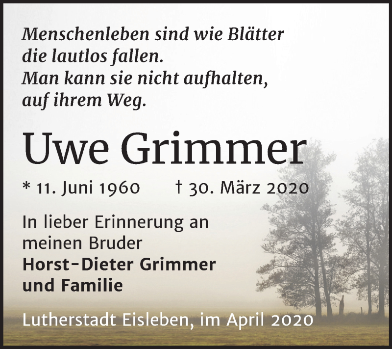  Traueranzeige für Uwe Grimmer vom 08.04.2020 aus Mitteldeutsche Zeitung Mansfelder Land