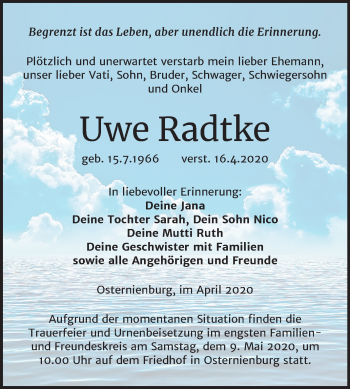 Traueranzeige von Uwe Radtke von Mitteldeutsche Zeitung Köthen