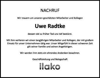 Traueranzeige von Uwe Radtke von Super Sonntag Köthen