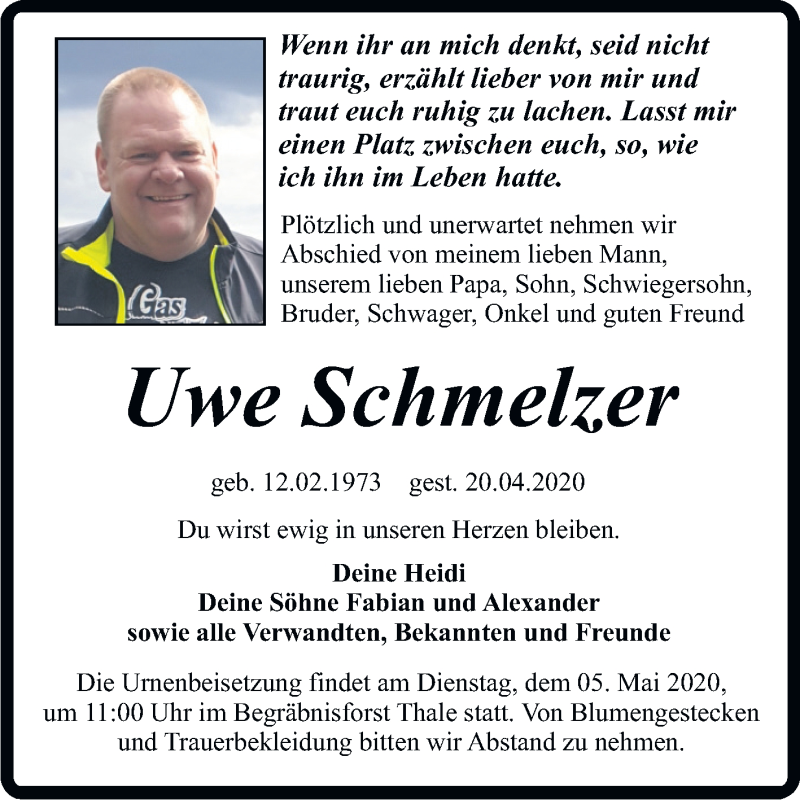  Traueranzeige für Uwe Schmelzer vom 25.04.2020 aus Mitteldeutsche Zeitung Quedlinburg
