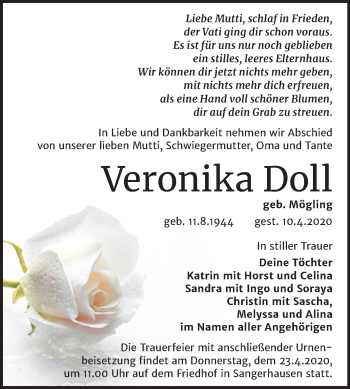Traueranzeige von Veronika Doll von Mitteldeutsche Zeitung Sangerhausen