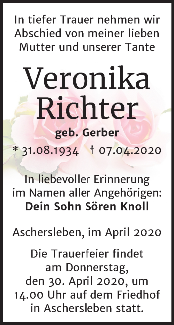 Traueranzeige von Veronika Richter von Mitteldeutsche Zeitung Weißenfels