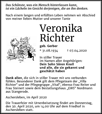 Traueranzeige von Veronika Richter von Super Sonntag Aschersleben