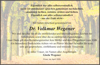 Traueranzeige von Volkmar Wegener von Mitteldeutsche Zeitung Aschersleben
