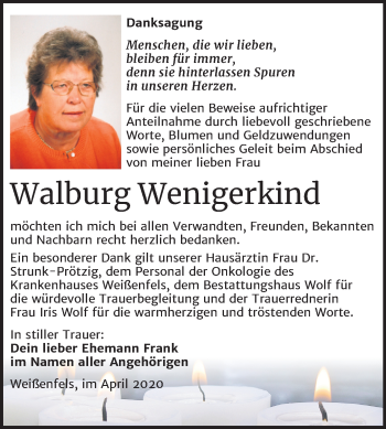 Traueranzeige von Walburg Wenigerkind von Mitteldeutsche Zeitung Weißenfels