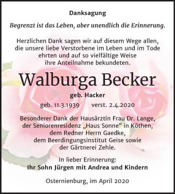 Traueranzeige von Walburga Becker von Super Sonntag Köthen