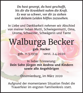Traueranzeige von Walburga Becker von Mitteldeutsche Zeitung Köthen