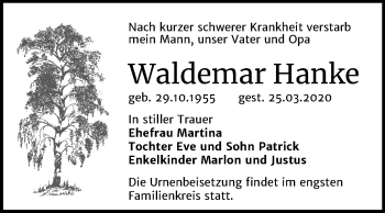 Traueranzeige von Waldemar Hanke von Super Sonntag Wittenberg
