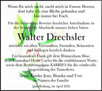 Traueranzeige von Walter Drechsler von Super Sonntag Quedlinburg