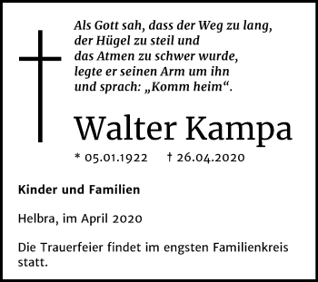 Traueranzeige von Walter Kampa von Mitteldeutsche Zeitung Mansfelder Land