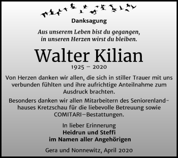 Traueranzeige von Walter Kilian von Mitteldeutsche Zeitung Zeitz