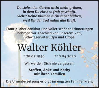 Traueranzeige von Walter Köhler von Super Sonntag Bernburg