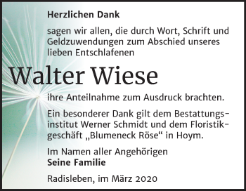 Traueranzeige von Walter Wiese von Super Sonntag Quedlinburg