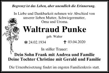 Traueranzeige von Waltraud Punke von Mitteldeutsche Zeitung Dessau-Roßlau