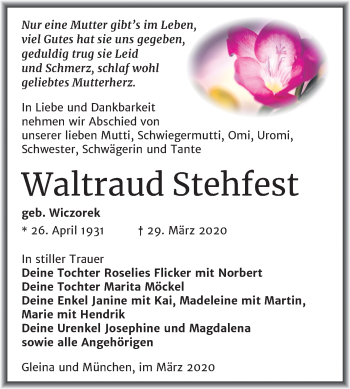Traueranzeige von Waltraud Stehfest von Mitteldeutsche Zeitung Zeitz