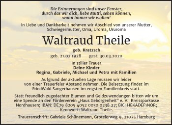 Traueranzeige von Waltraud Theile von Super Sonntag Sangerhausen