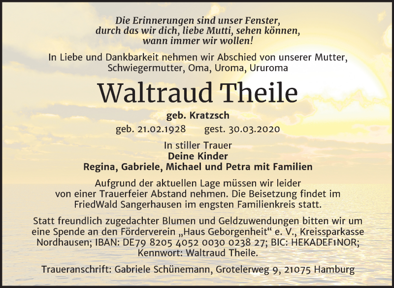  Traueranzeige für Waltraud Theile vom 04.04.2020 aus Mitteldeutsche Zeitung Sangerhausen