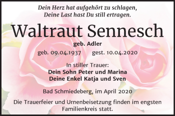 Traueranzeige von Waltraut Sennesch von Mitteldeutsche Zeitung Wittenberg