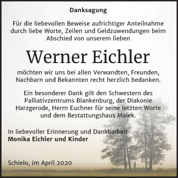 Traueranzeige von Werner Eichler von Super Sonntag Quedlinburg