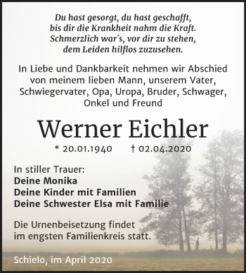 Traueranzeige von Werner Eichler von Mitteldeutsche Zeitung Quedlinburg