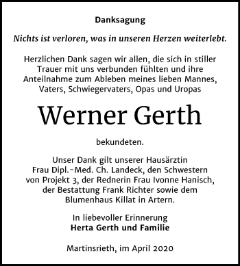 Traueranzeige von Werner Gerth von Super Sonntag Sangerhausen