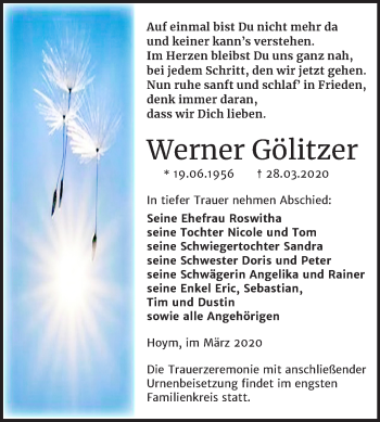 Traueranzeige von Werner Gölitzer von Super Sonntag Aschersleben
