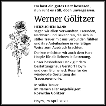 Traueranzeige von Werner Gölitzer von Mitteldeutsche Zeitung Aschersleben