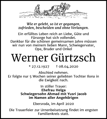 Traueranzeige von Werner Gürtzsch von Mitteldeutsche Zeitung Naumburg/Nebra