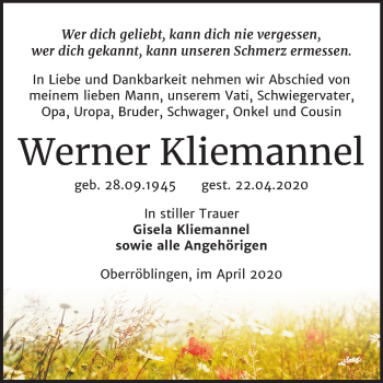 Traueranzeige von Werner Kliemannel von Mitteldeutsche Zeitung Sangerhausen